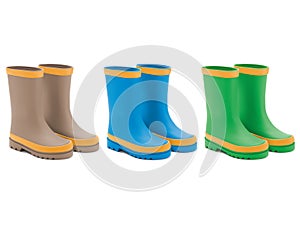 Waterproof rain rubber boots set. Realistic