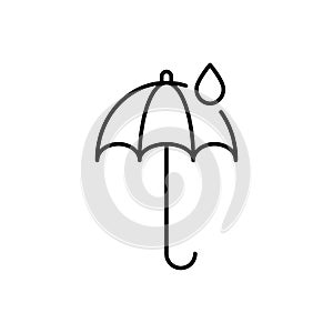 Waterproof umbrella line icon. Water resistant sign. Rain protection symbol. Quality design element. Linear style