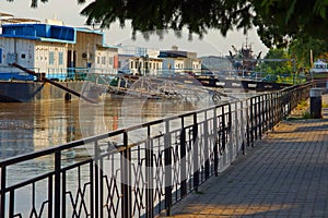 Waters of the Danube at high levels at the harbor photo