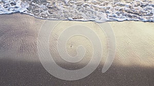 Waters of the sea, foam waves, wet sand beach and path of the dawn sunrise bottom view close-up. Sea landscape scenery country sce