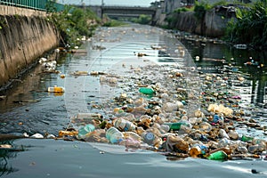 Waterside disaster Plastic waste pollution evident in the reservoir