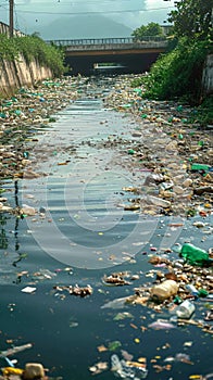 Waterside disaster Plastic waste pollution evident in the reservoir