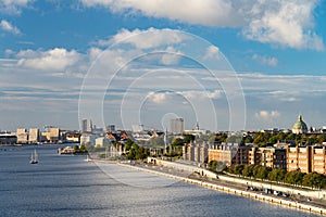 Waterside embankment modern architecture, Copenhagen, Denmark, aerial view. Travel and vacation