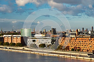 Waterside embankment modern architecture, Copenhagen, Denmark, aerial view. Travel and vacation