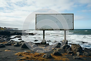 Waterside emptiness Billboard against sandy shore, overlooking the vast sea