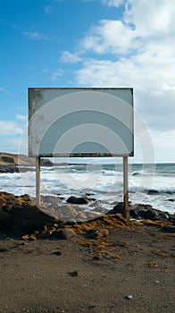 Waterside emptiness Billboard against sandy shore, overlooking the vast sea