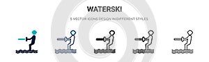 Waterski icon in filled, thin line, outline and stroke style. Vector illustration of two colored and black waterski vector icons