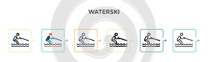 Waterski vector icon in 6 different modern styles. Black, two colored waterski icons designed in filled, outline, line and stroke