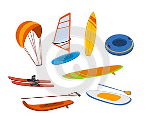 Watersport items, surfboards, tubes, windsurfing water ski wakeboard kite, paddleboard graphics photo