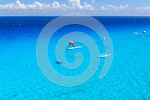 Watersports activity top view at caribbean ocean