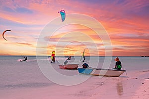 Watersports at Palm Beach on Aruba in the Caribbean Sea at sunset