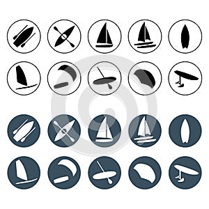 Watersports round icons set.