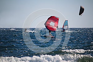 Watersports windsurfing, wingfoiling and kiteboarding at the sea photo
