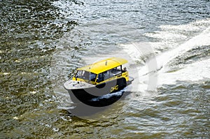 Watertaxis are splashing through sea in Rotterdam