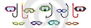 Watertight Diving Goggles and Snorkeling Tube for Swimming Underwater Vector Set