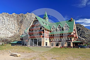 Waterton Lakes National Park, Canadian Rocky Mountains, Morning Light Historic Prince of Wales Hotel on Glacial Moraine, Alberta