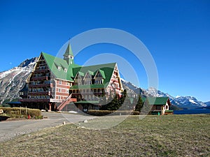 Waterton Lakes National Park with Prince of Wales Hotel in Canadian Rocky Mountains, Alberta