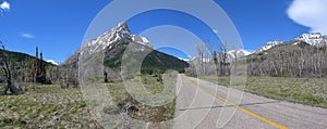 Waterton Lakes National Parl Landscape Panorama with Red Rock Canyon Road in Spring, Canadian Rocky Mountains, Alberta