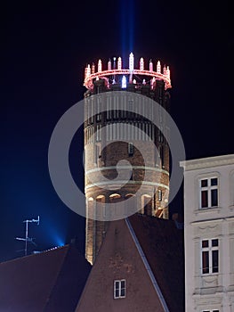 The watertower in Lueneburg, Germany, is illuminated by electri