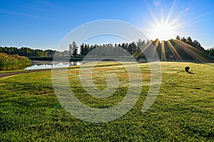 Watertrap on golfcourse early morning in Sweden