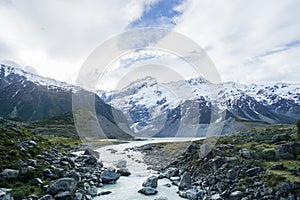 Waterway and lake along mountain range in New Zealand