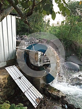 Waterwheel equipment made of wood in the river