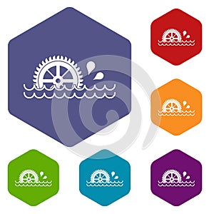 Waterwheel icons set hexagon