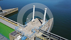 Waterworks at Haringvliet lock in the Netherlands. Delta works salt to fresh and influence the tides of high and low water.