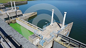 Waterworks at Haringvliet lock in the Netherlands. Delta works salt to fresh and influence the tides of high and low water.