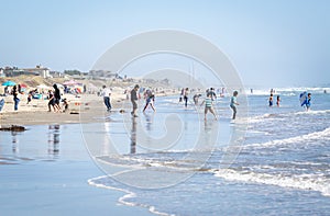 Watsonville, California / USA - July 12,  2020: Crowded beach at Sunset State beach in Watsonville, California during covid pandem