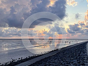 Wattenmeer, mud tideland in North Sea, Germany on sunset. Nordsee, Watt.