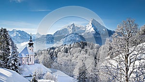 Watzmann mountain with pilgrimage church of Maria Gern in winter photo