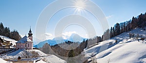 Watzmann at noon with church, Bavaria, Berchtesgaden, Germany