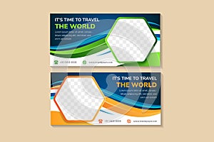 wave banner design for travel the world company. space for text and photo in hexagon