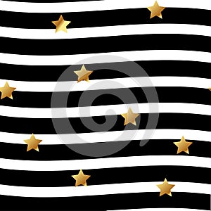 Wave black and white seamless pattern with golden stars. Vector geometric monochrome stripe with golden stars. Vector format.