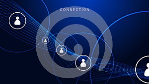 Wave blue Network connection, digital hi-tech digital internet communication, technology on global background and people icons on