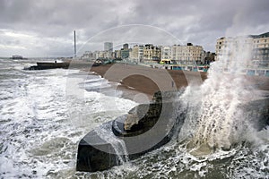 Wave breaking on Brighton groyne during a storm