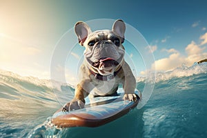 Wave-Catching French Bulldog: Adorable Dog Enjoys Surfing Adventure with a Smile - Generative AI