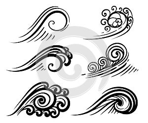 Wave collection Ocean or sea waves, surf and splashes set curling Water Design Elements illustration on white