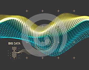 Wave with connected lines and dots. Glowing grid. Connection structure. Wireframe vector illustration
