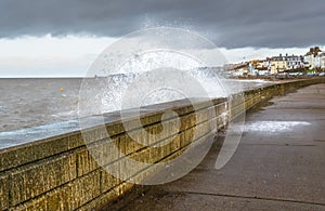 Wave crashed over sea wall in Herne Bay, Kent, Uk