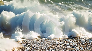 A wave crashes onto a sandy beach, creating a dramatic and forceful display of natures power, Ocean shore with rolling waves and