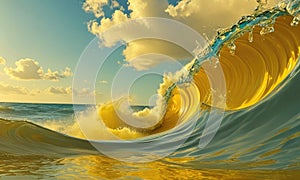 A wave is crashing on the shore with a yellowish water surface.