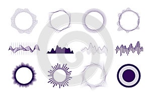 Wave diagram. Music rhythm and frequency waveforms, sound wave and vibration curve for tune recording monitoring. Vector