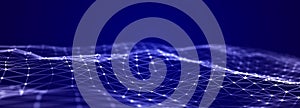 A wave of dots and lines of network connection. Technological background. 3D rendering