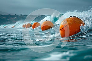 Wave energy converters bobbing on surface of the ocean, converting the kinetic energy of waves into usable electricity