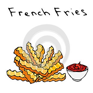 Wave Form French Fries and Bowl of Red Tomato Ketchup Fried Potato. Figure Knife Cuts of Potato Vegetable. Fast Food or Street Foo