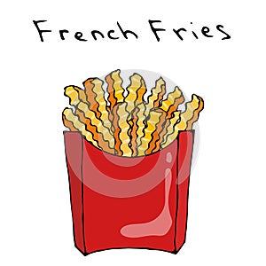 Wave Form French Fries in a Red Cartone Box Fried Potato. Figure Knife Cuts of Potato Vegetable. Fast Food or Street Food Cuisine. photo
