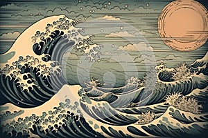 Wave hokusai on rising sun or moon background in japanese style. Generative AI