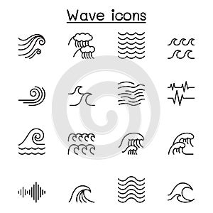 Wave icon set in thin line style, editable stroke